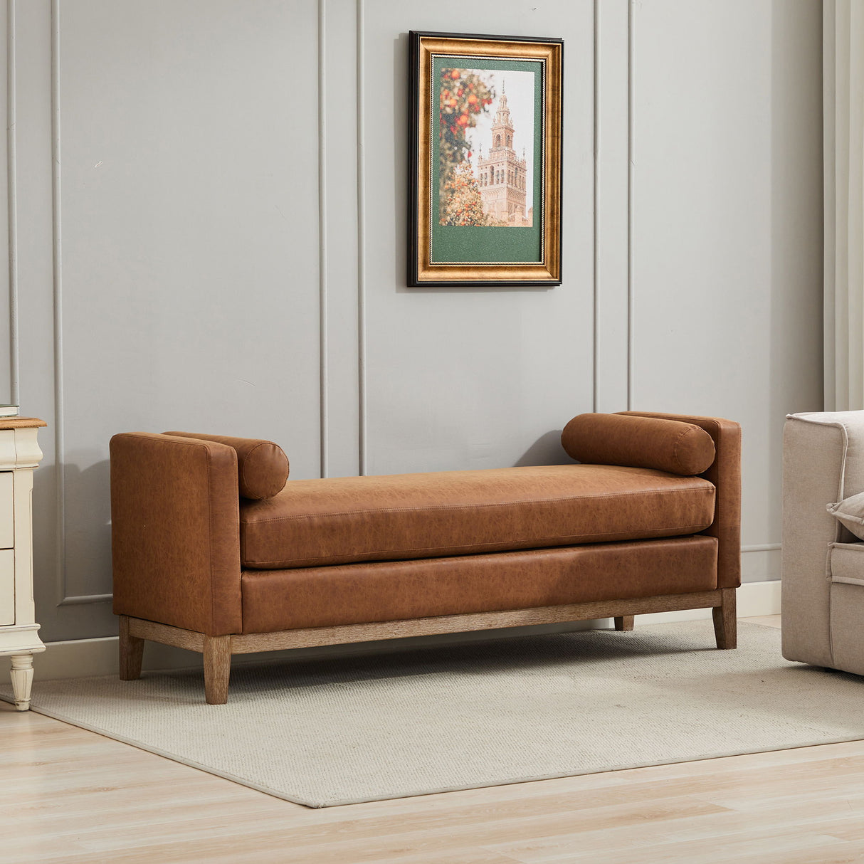 Elegant Upholstered Bench Daybed Ottoman With Bolster Pillows
