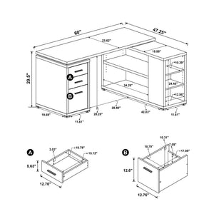 Tona - L-Shape Computer Desk With 3 Drawers And 5 Shelves