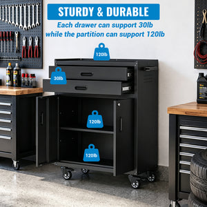 Metal Tool Garage Storage Cabinet with 2 Drawers and 2 Doors, with Wheels and Lock