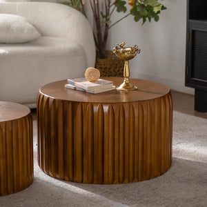 Set of 2 Fluted Round Coffee Tables - Mid-Century Modern Wood