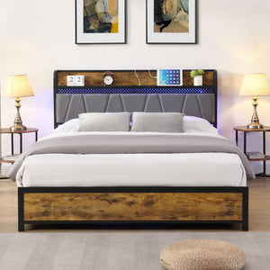 Modern Bed Frame With LED Lights, Upholstered Headboard, USB Charging
