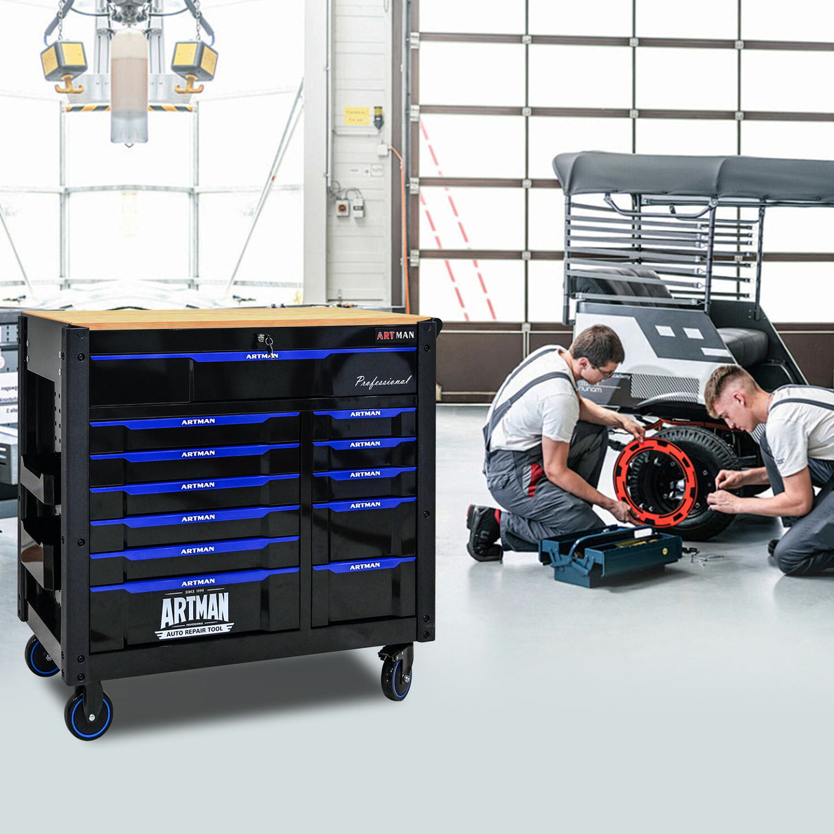 12 Layer Drawer Multi Purpose Tool Cart With Wheels And Wooden Countertops - Black / Blue
