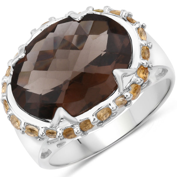 9.58 Carat Genuine Smoky Quartz and Citrine .925 Sterling Silver Ring