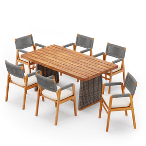 Outdoor 7 Pieces Acacia Wood Dining Set with Handwoven Rattan Legs