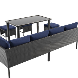 7 Piece Outdoor Furniture Set With Waterproof Cushions, Glass Table, And Space Saving Design - Blue
