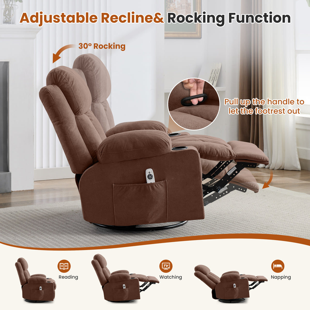 Swivel Rocker Recliner Chair with Vibration Massage and Heat - Brown, Blue, Grey