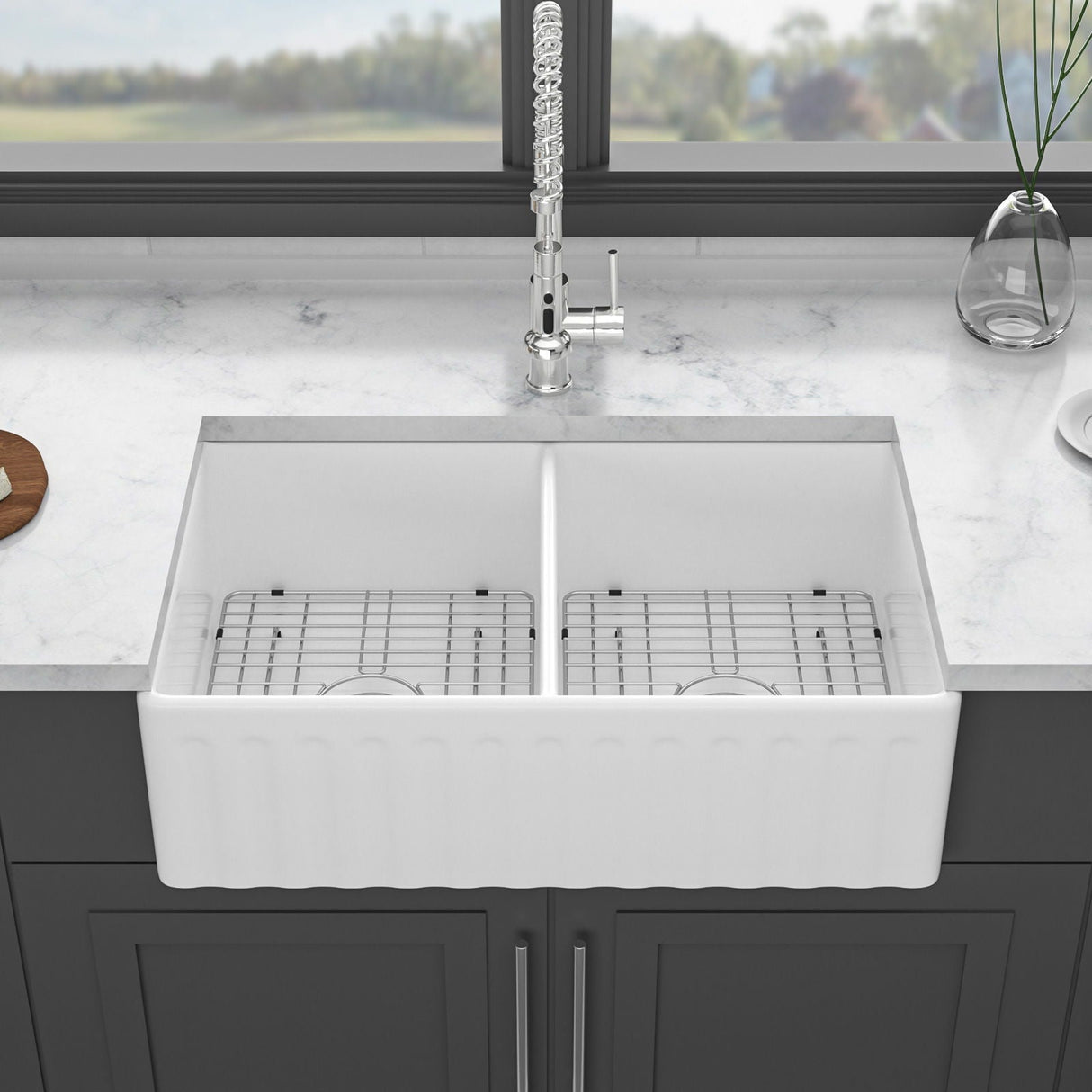 Sink 33" Double Bowl Kitchen Sink With Deep Bowls And Grids - White