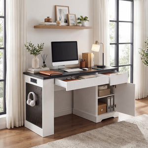 55" Modern Fluted Office Desk with Storage Cabinet & Drawers