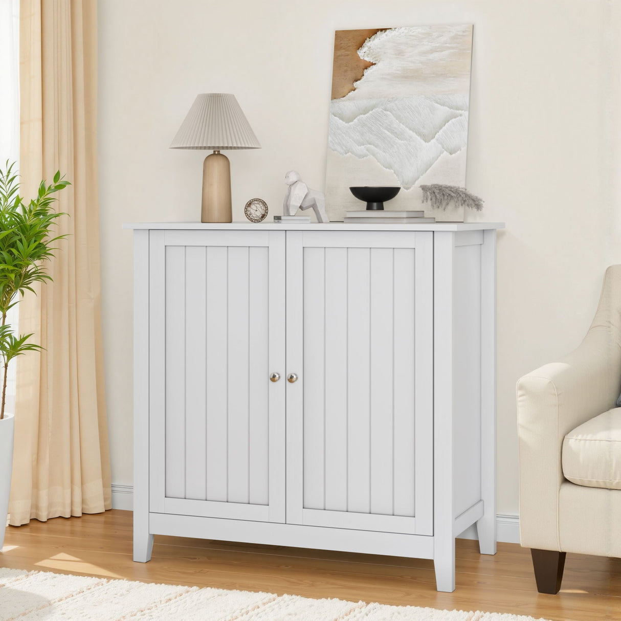Mid Century Modern Double Door Storage Cabinet With Knobs - White