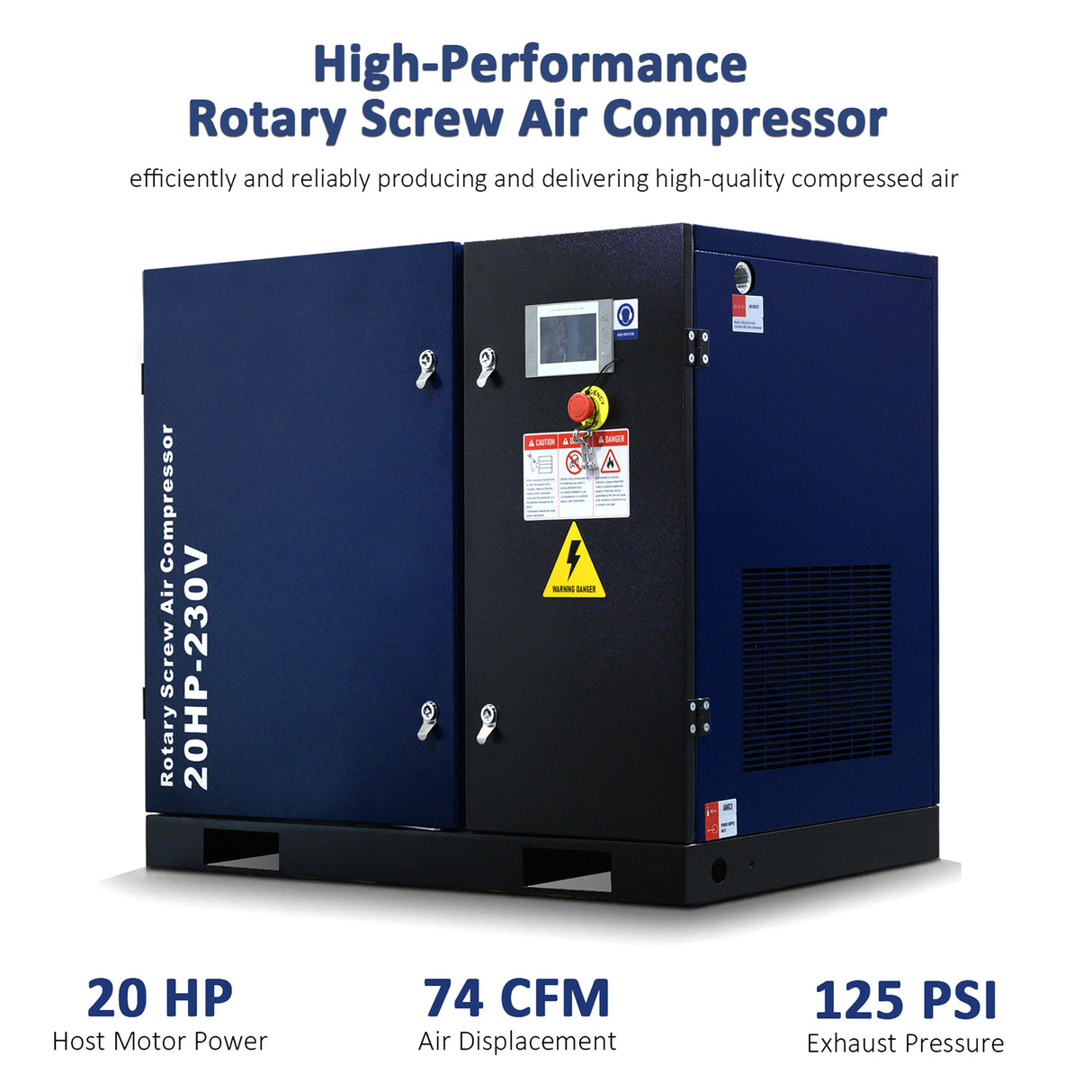 20HP Rotary Screw Air Compressor, 74 CFM, 125 PSI, Industrial-Grade