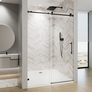 Frameless Single Sliding Soft Close Shower Door, 5 / 16" Clear Nano Coated Tempered Glass And 304 Stainless Steel Handle - Matte Black