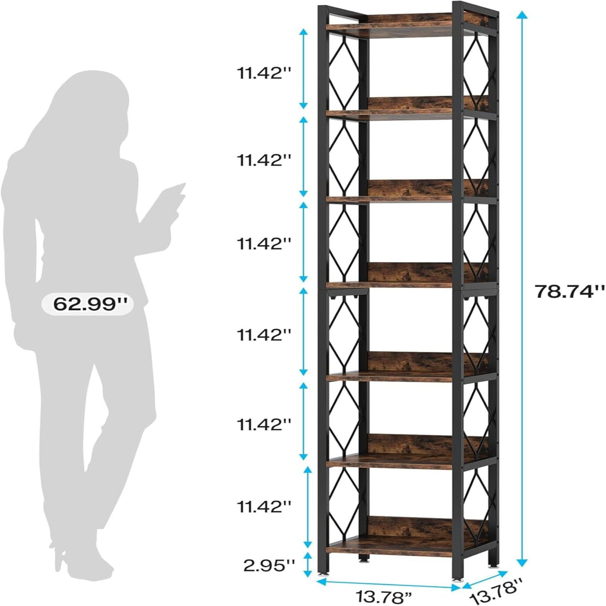Extra Tall 7 Tier Narrow Corner Bookshelf Storage Display Rack For Living Room - Rustic Brown
