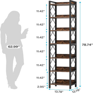 Extra Tall 7 Tier Narrow Corner Bookshelf Storage Display Rack For Living Room - Rustic Brown