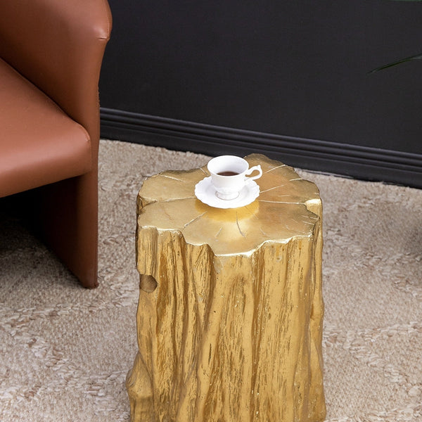 Unique Golden Tree Trunk Stool with Antique Gold Distressed Finish