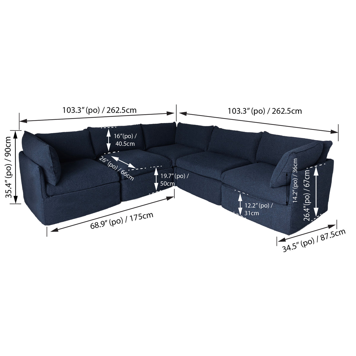 L Shaped Sectional, 103-Inch Modular Patio Sofa, Blue