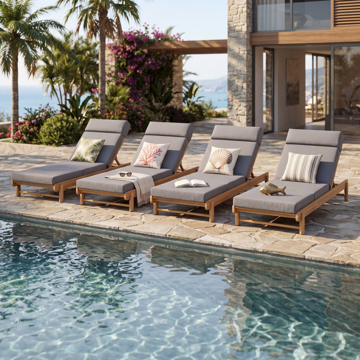 Light Teak Acacia Wood Chaise Lounge Set
