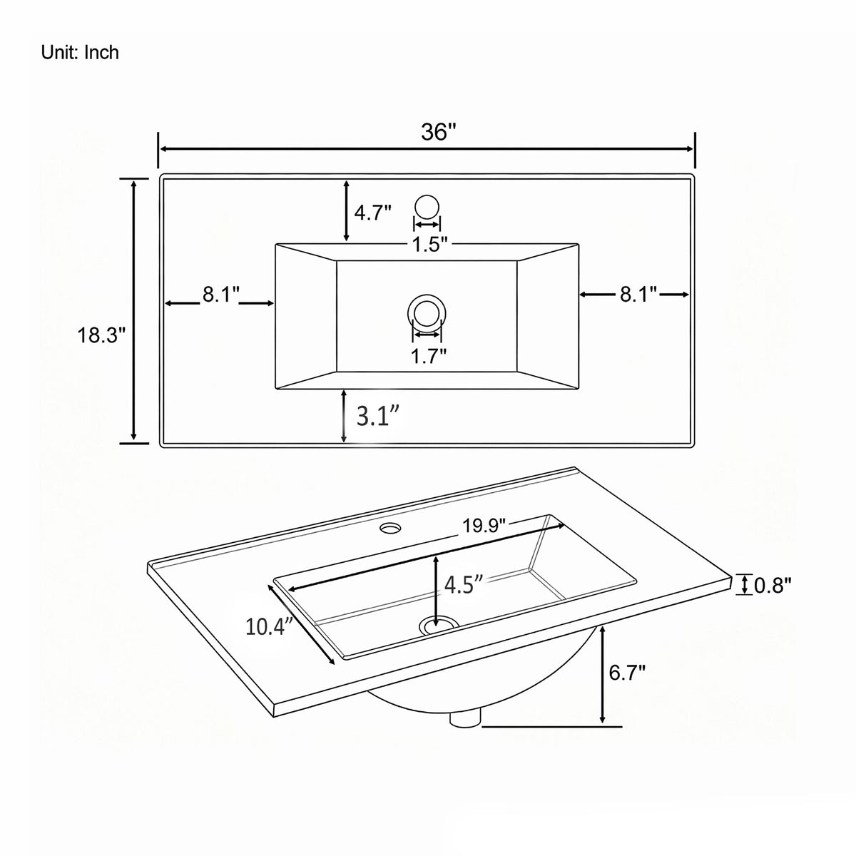 36" Ceramic Basin Sink, 0.8" Ultra-Thin Profile