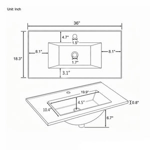 36" Ceramic Basin Sink, 0.8" Ultra-Thin Profile