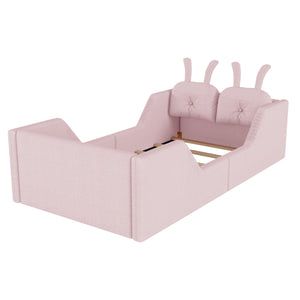 Twin Size Upholstered Platform Bed with Rabbit Cushion – Pink