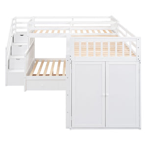 L Shaped Bunk Bed With 3 Drawers, Portable Desk And Wardrobe