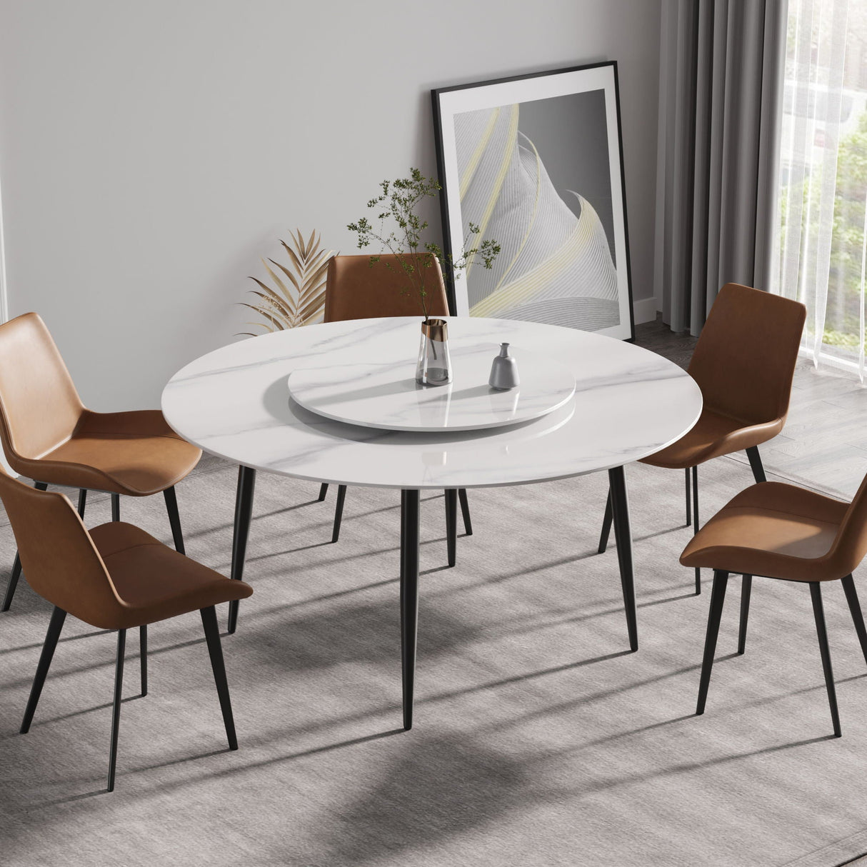 Modern Artificial Stone Round Dining Table, Can Accommodate 6 People Artificial Stone Turntable -