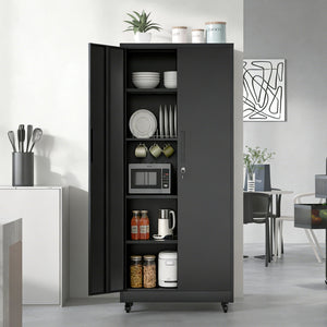Storage Cabinet With Wheels And Lock, 4 Adjustable Shelves, 3 Point Locking Security, For Tool Organization In Garage - Black