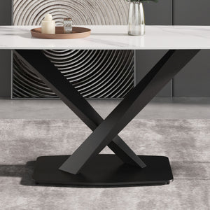 70.87" Modern Artificial Stone White Curved Black Metal Leg Dining Table, Can Accommodate 6-8 People - White / Black