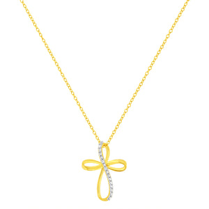 10K Yellow Gold Plated .925 Sterling Silver Diamond Accent Cross Ribbon 18" Pendant Necklace (I-J Color, I2-I3 Clarity)