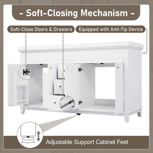 Bathroom Vanity Cabinet Only, 3 Drawers & 4 Doors With Double Layer Shelves - White