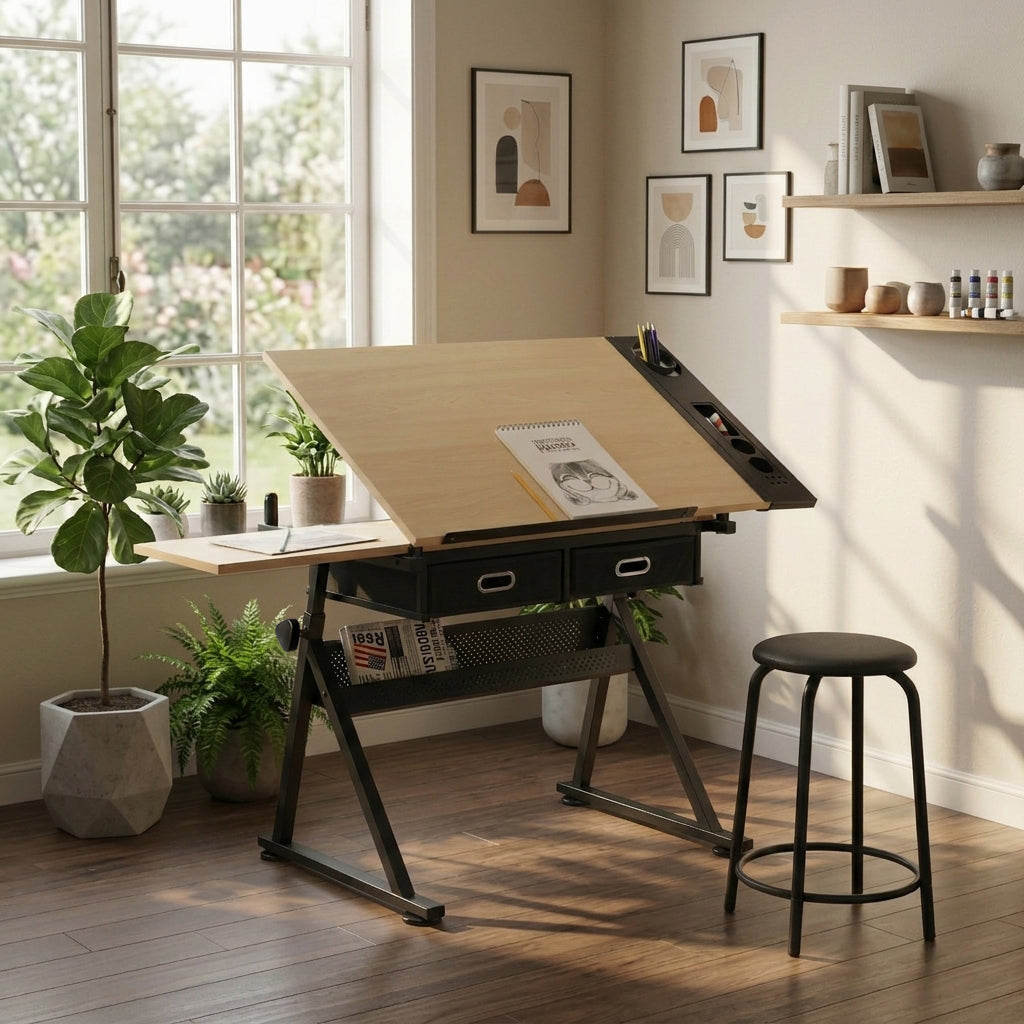 Adjustable Drawing Drafting Table Desk With 2 Drawers - Maple