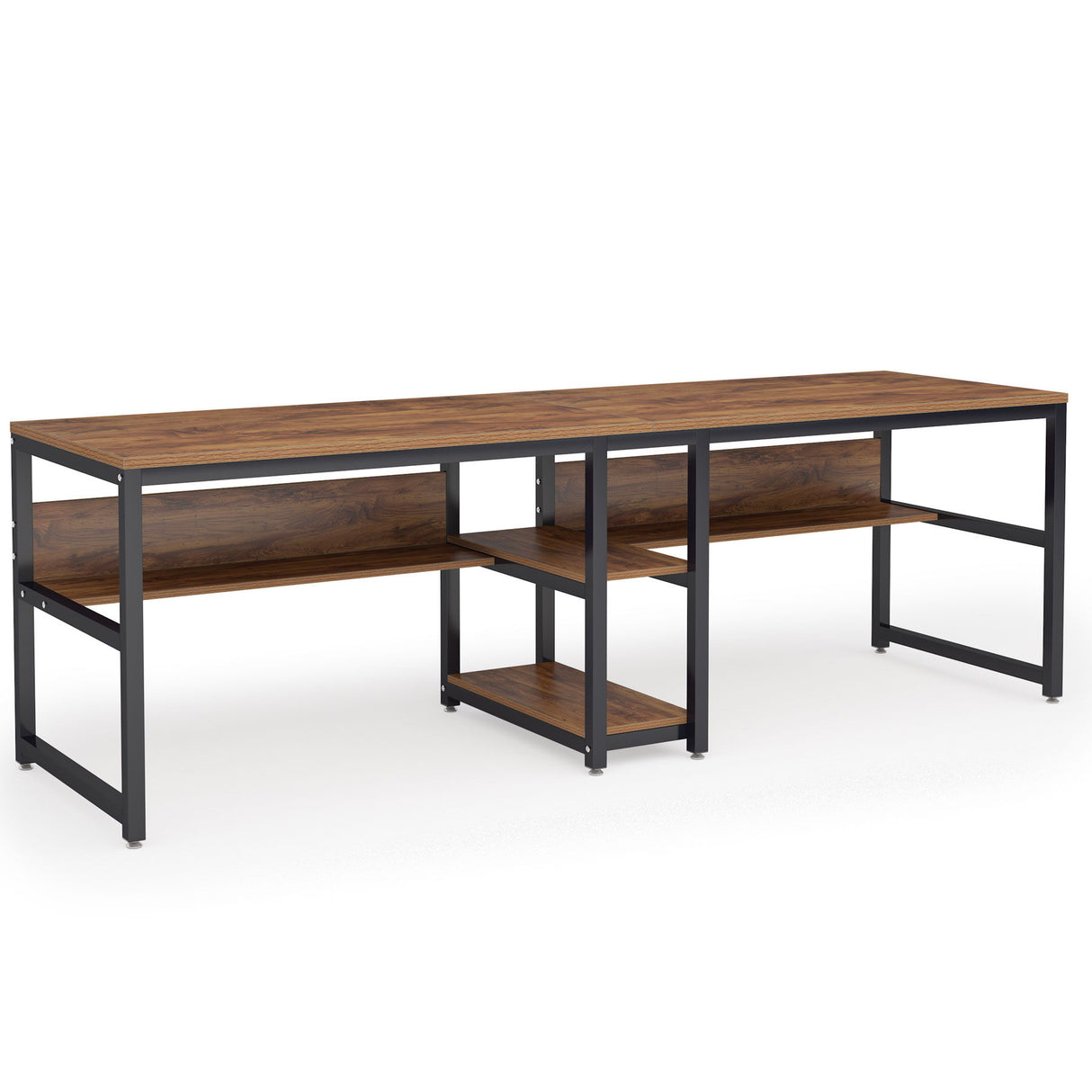 Double Desk For 2 With Bookshelves, 2 Person Workstation With Storage - Brown / Black