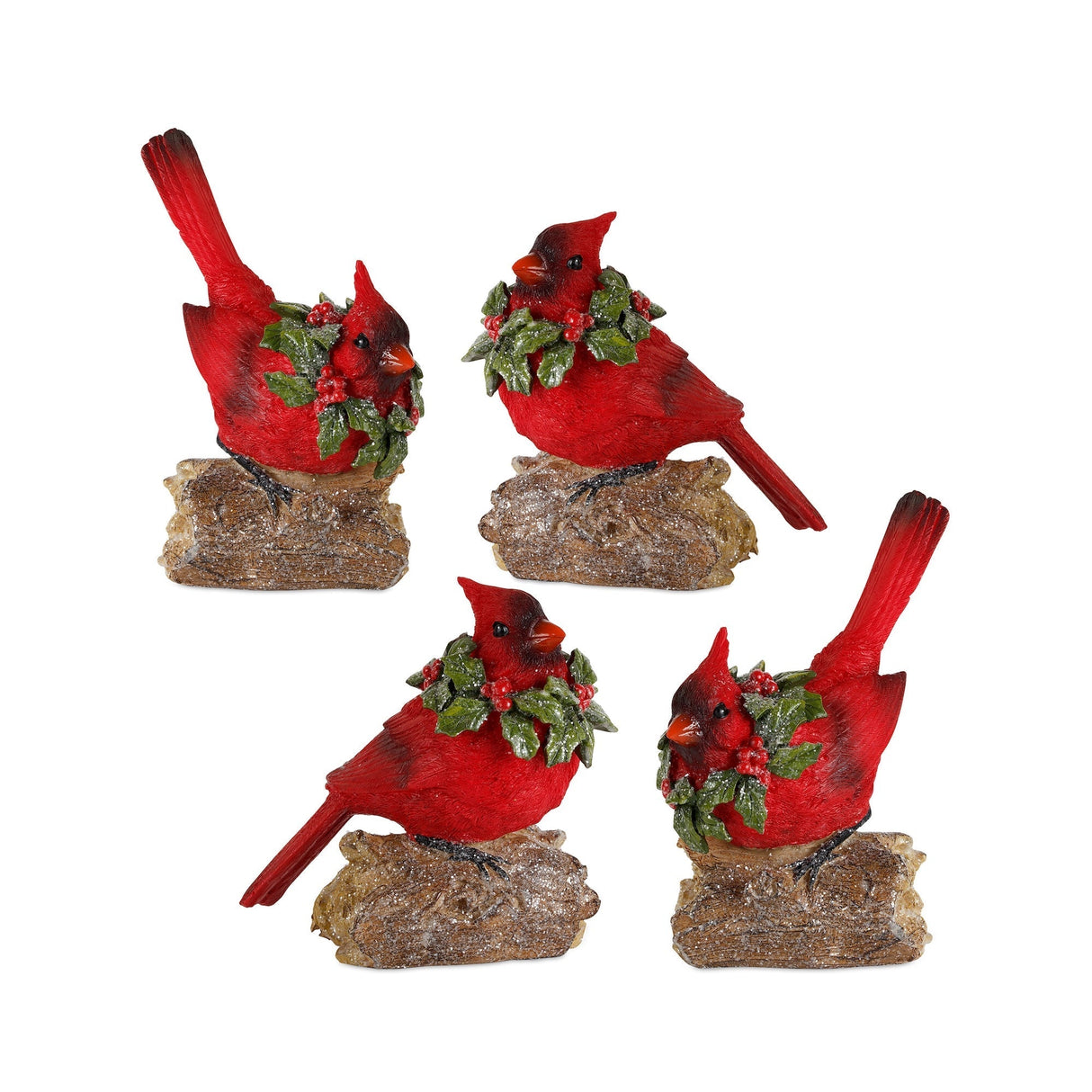 Perched-Cardinal-Bird-on-Log-with-Holly-Wreath-Accent-(Set-of-4)-Christmas-Decor
