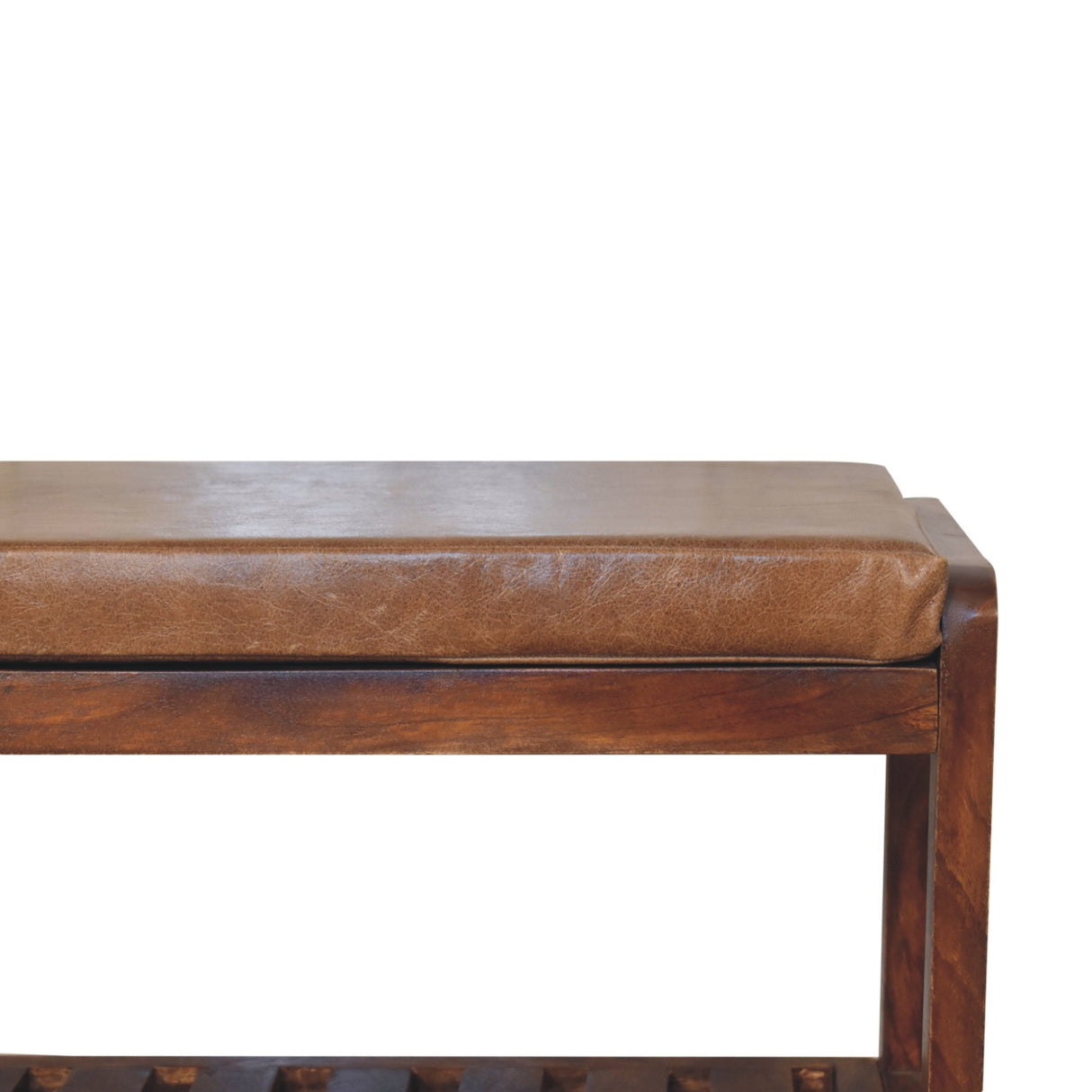 Solid Wood Small Buffalo Slatted Bench, Leather Upholstered, Open Storage