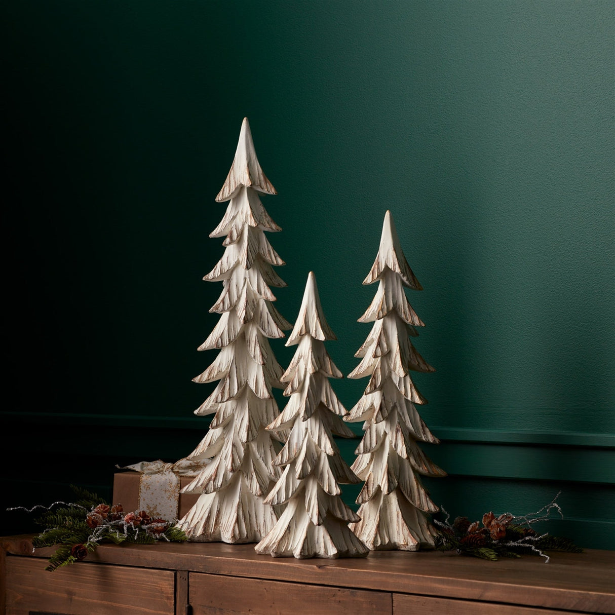 Carved Wood Design Pine Tree Decor (Set of 3)