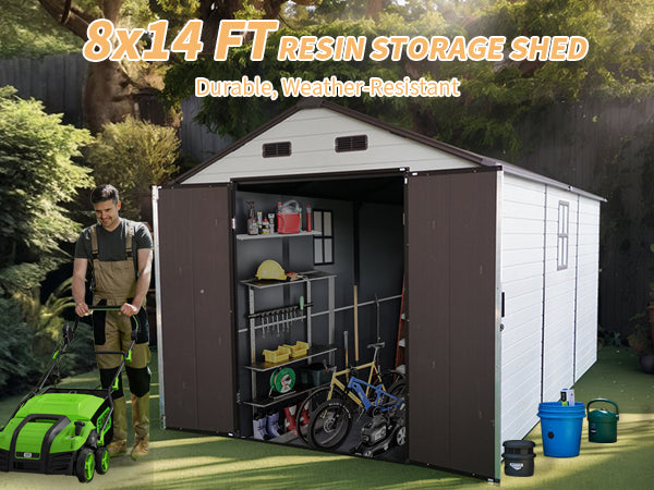 8x14 Ft Outdoor Resin Storage Shed with Windows