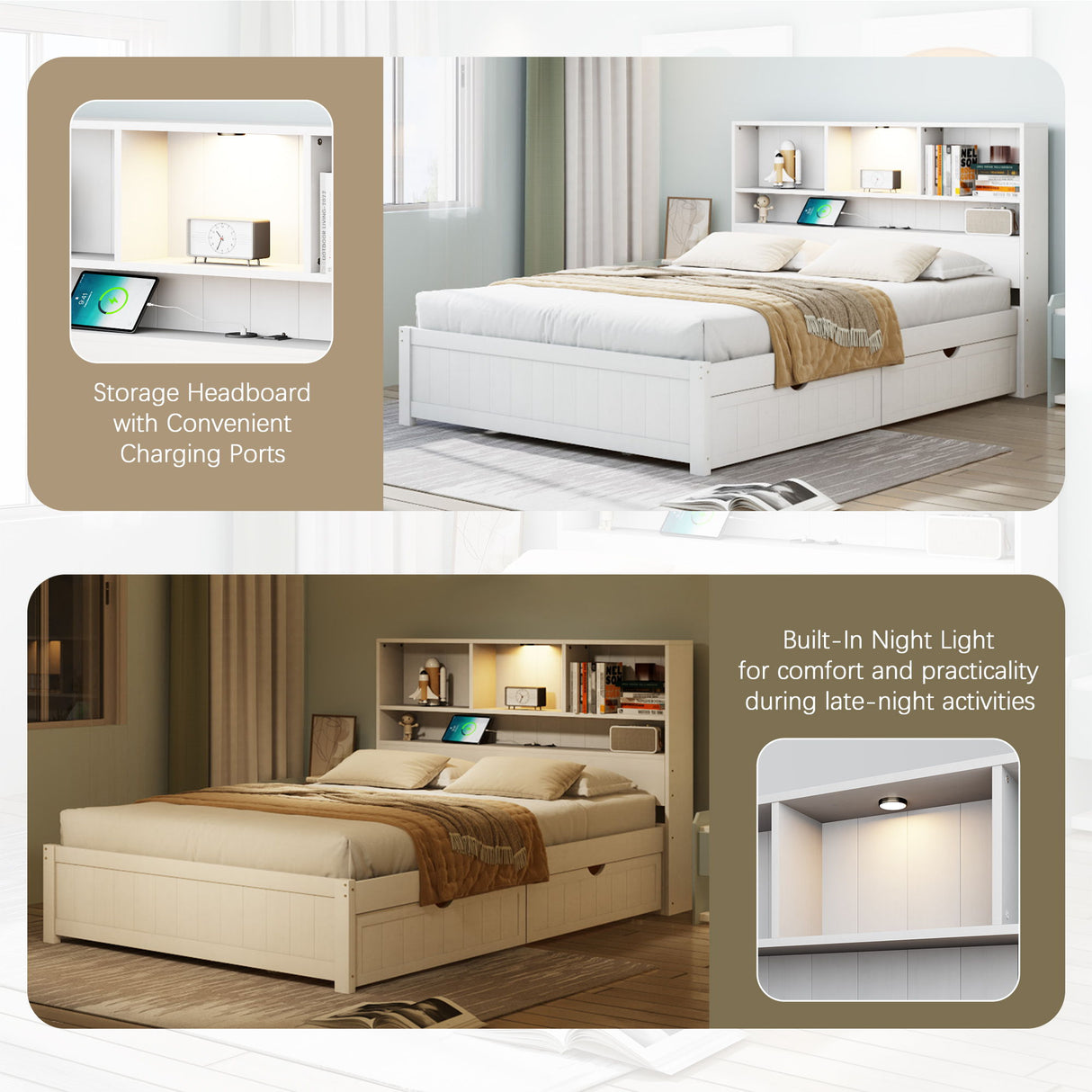 Platform Bed With Bookcase Headboard, Built-In Downlight, Charging Station, And 2 Side Drawers