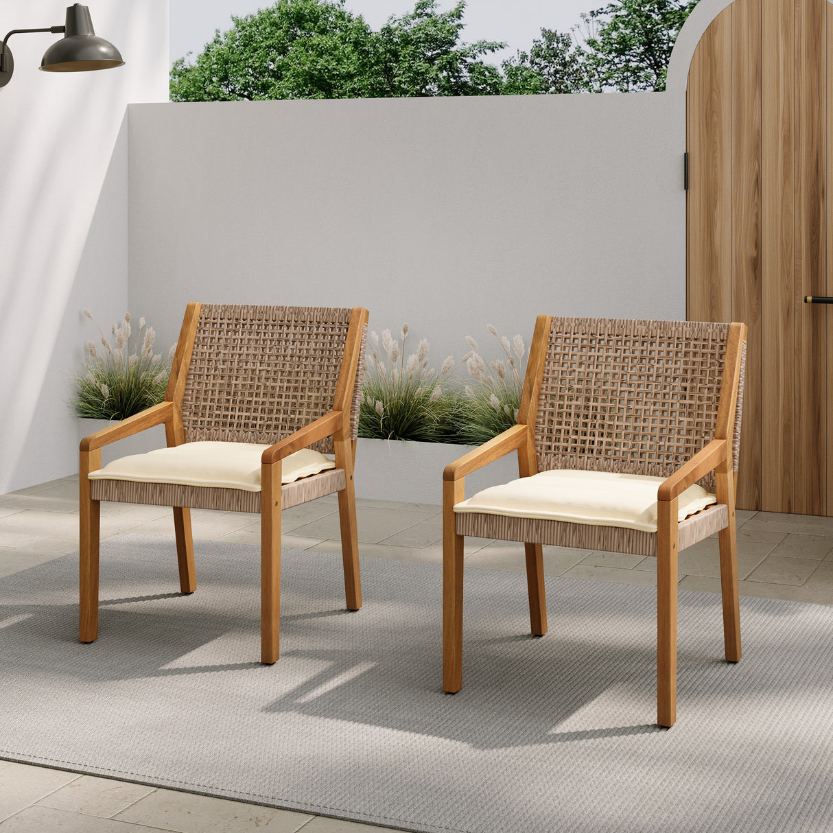 Outdoor Dining Chair Set - Acacia Wood and Wicker