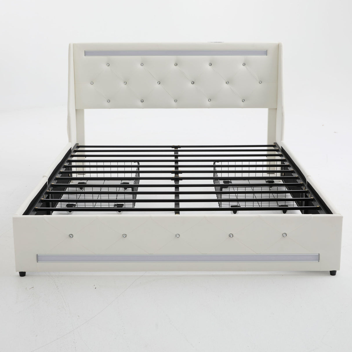 Wingback Upholstered Bed Frame With LED Lights, Charging Station