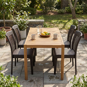 5-Piece Outdoor Dining Set, Acacia Wood Rectangular Patio Table & 4 PE Rattan Iron Frame Dining Chairs