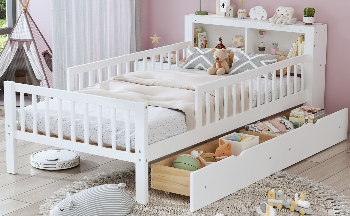 Bed With Headboard Storage Rack, 2 Under Bed Drawers, 3 Side Guardrails For Safety