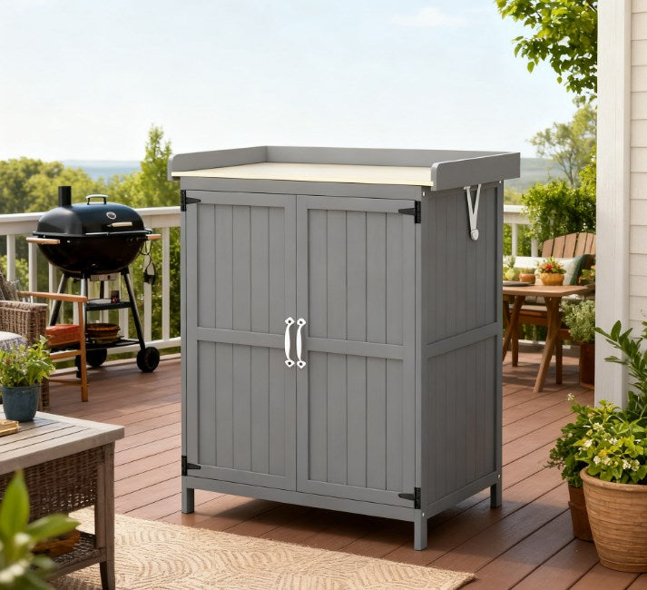 Wooden Potting Bench with 2 Doors and Outdoor Storage Cabinet