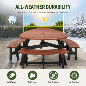 6-Person Semi-Circular Outdoor Solid Fir Wood Picnic Table Set, Rustic