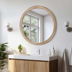 Round Decorative Wall Mirror with Woven Rattan-Textured Frame