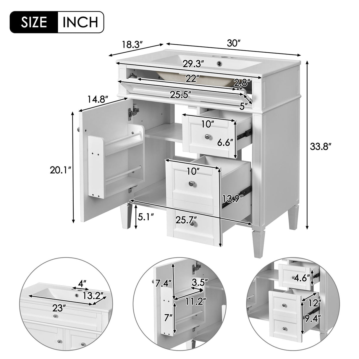 Bathroom Vanity With Top Sink, 2 Doors And 3 Drawers, Freestanding Set With Mirror Cabinet