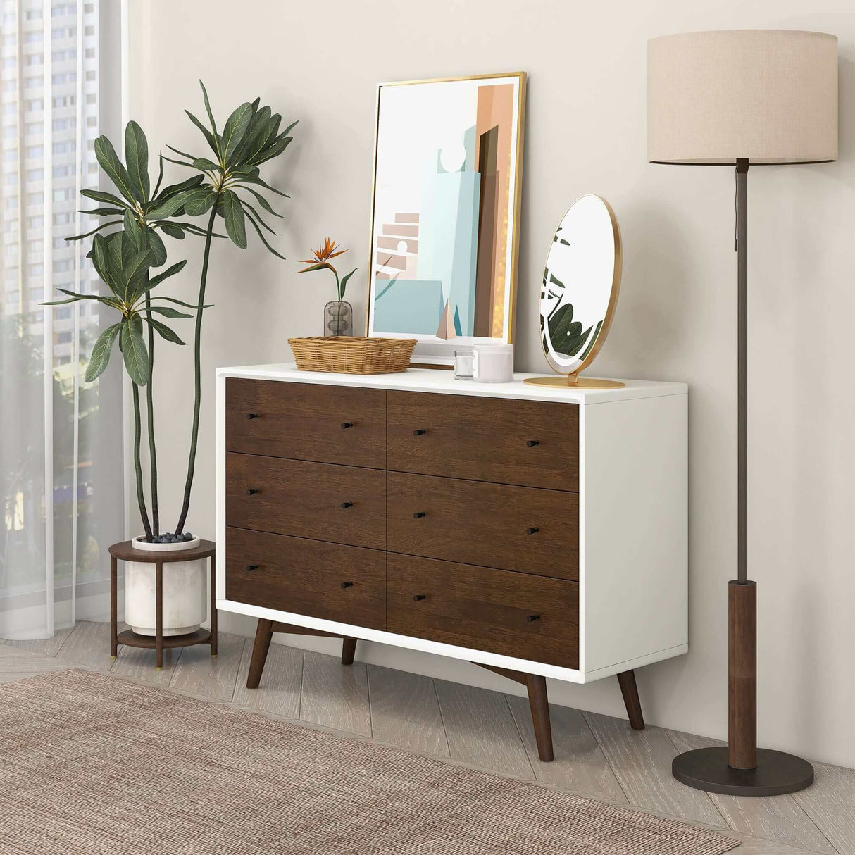 Dresser 6 Drawer - Dark Brown / White