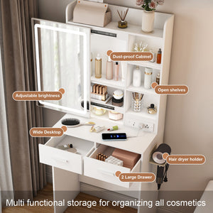 Space Saving Makeup Vanity Desk With Mirror & Adjustable Led Lights, Built-In Power Outlet, Hidden Storage, Includes Stool & Shelf - White