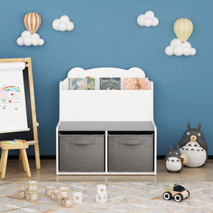 Bookshelf With Storage Bins, Bookcase With Book Display Shelf And 2 Bins, Cute Bear Shaped Backboard, Toy Organizer - White
