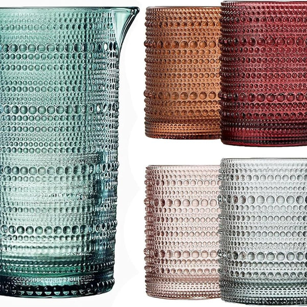 Tonal Hobnail Pitcher & Lowball Glassware Set