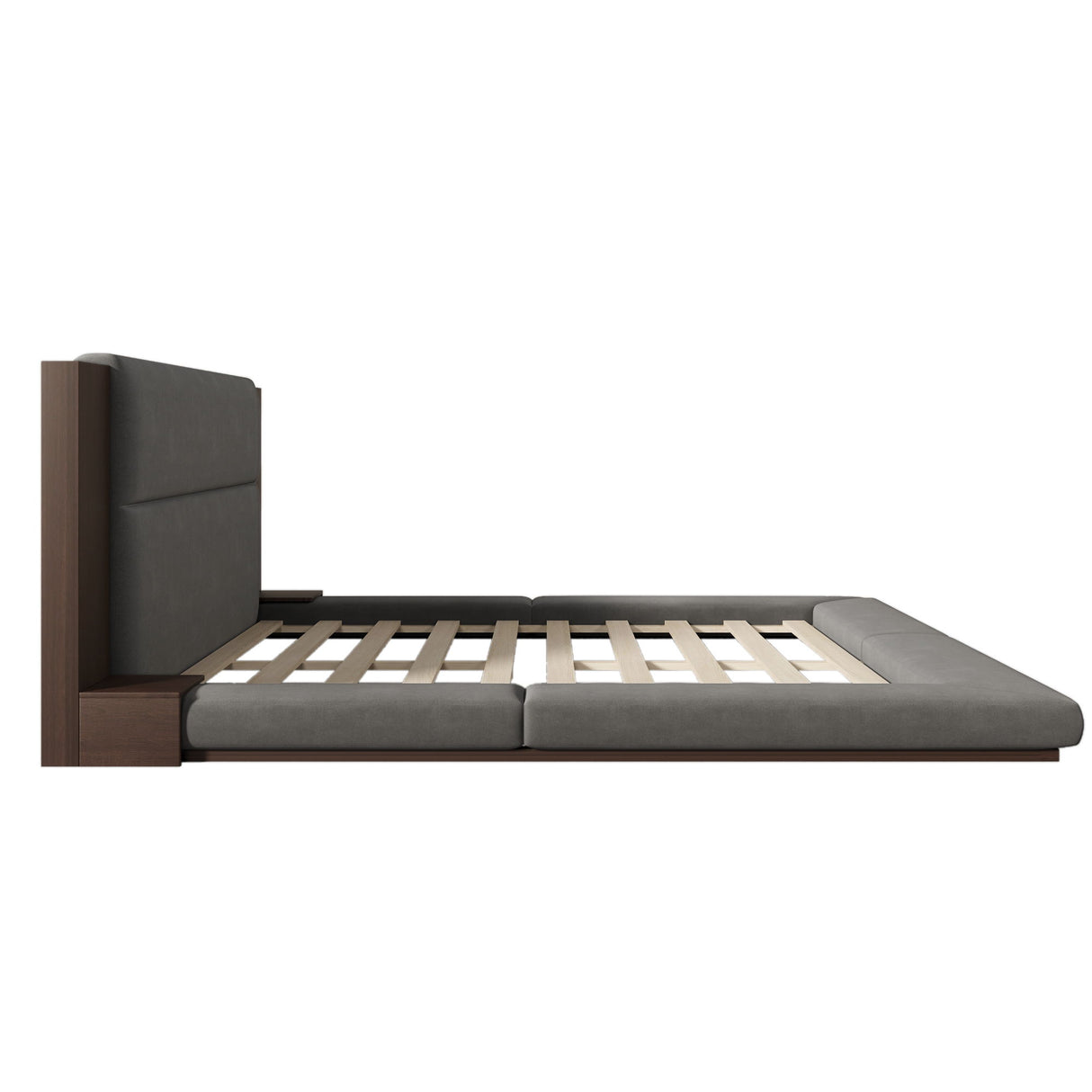 Floor Upholstered Platform Bed With Extended Headboard & Bedside Shelf