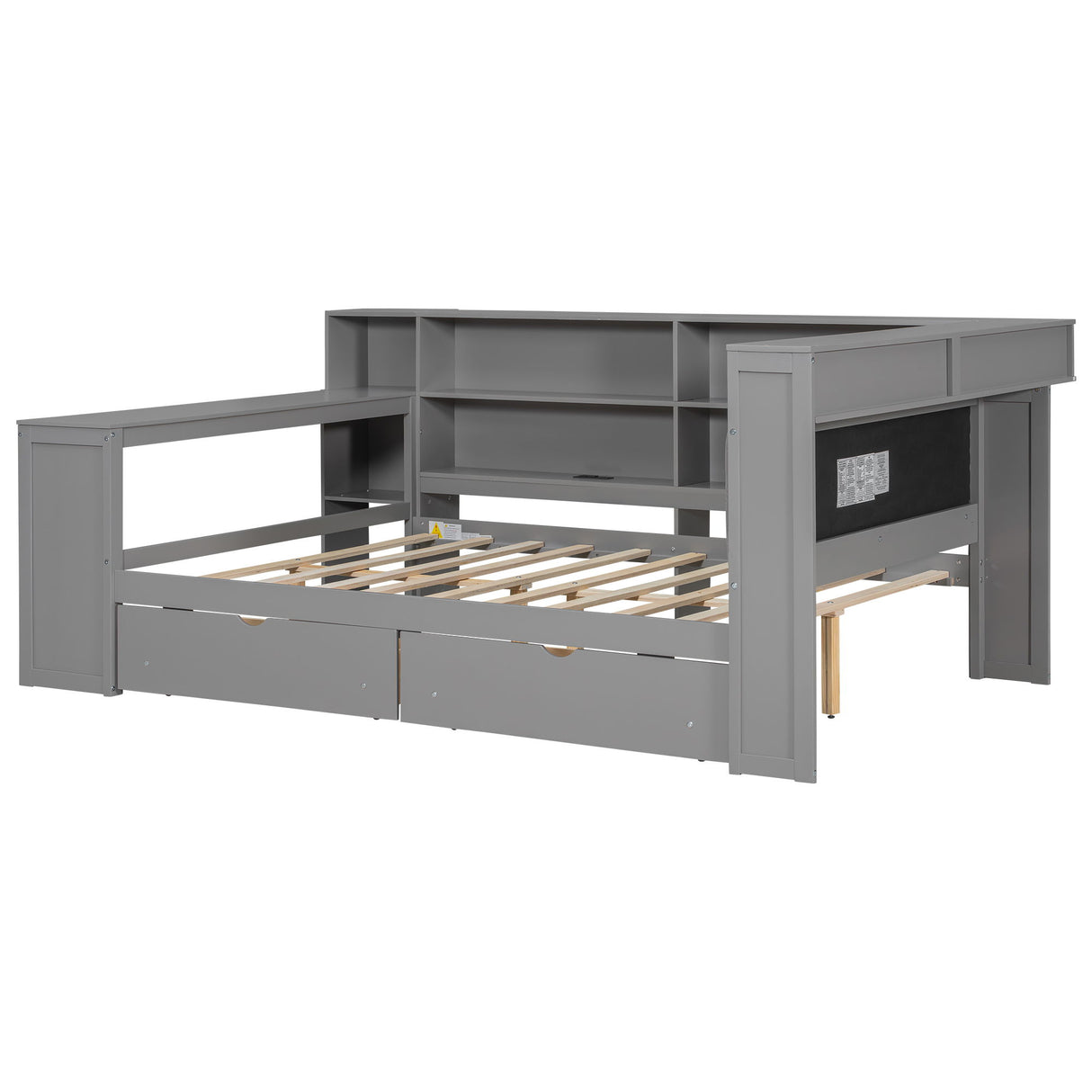 Platform Bed With Upholstered Headboard, Storage Shelves, Drawers, Charging Station, LED Lighting, Built In Desk